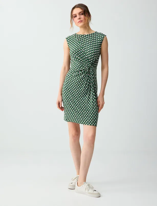 Bayan  Yuvarlak Yaka Geometrik Desenli Örme Mini Elbise