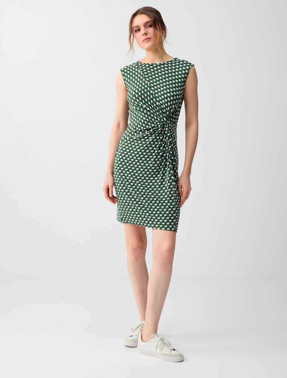 Yuvarlak Yaka Geometrik Desenli Örme Mini Elbise