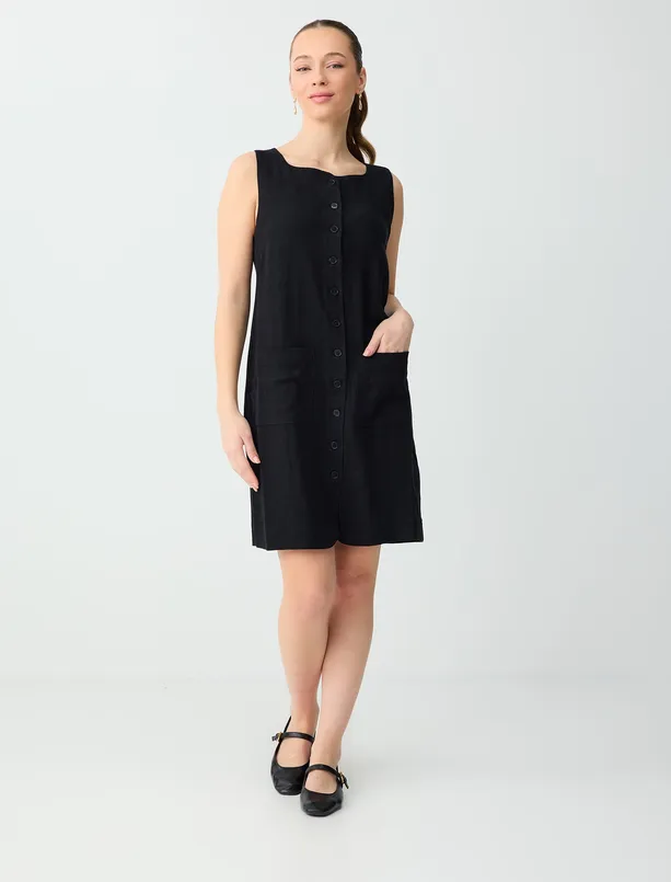 Bayan  Dar Kesim Kare Yaka Keten Karışımlı Mini Elbise