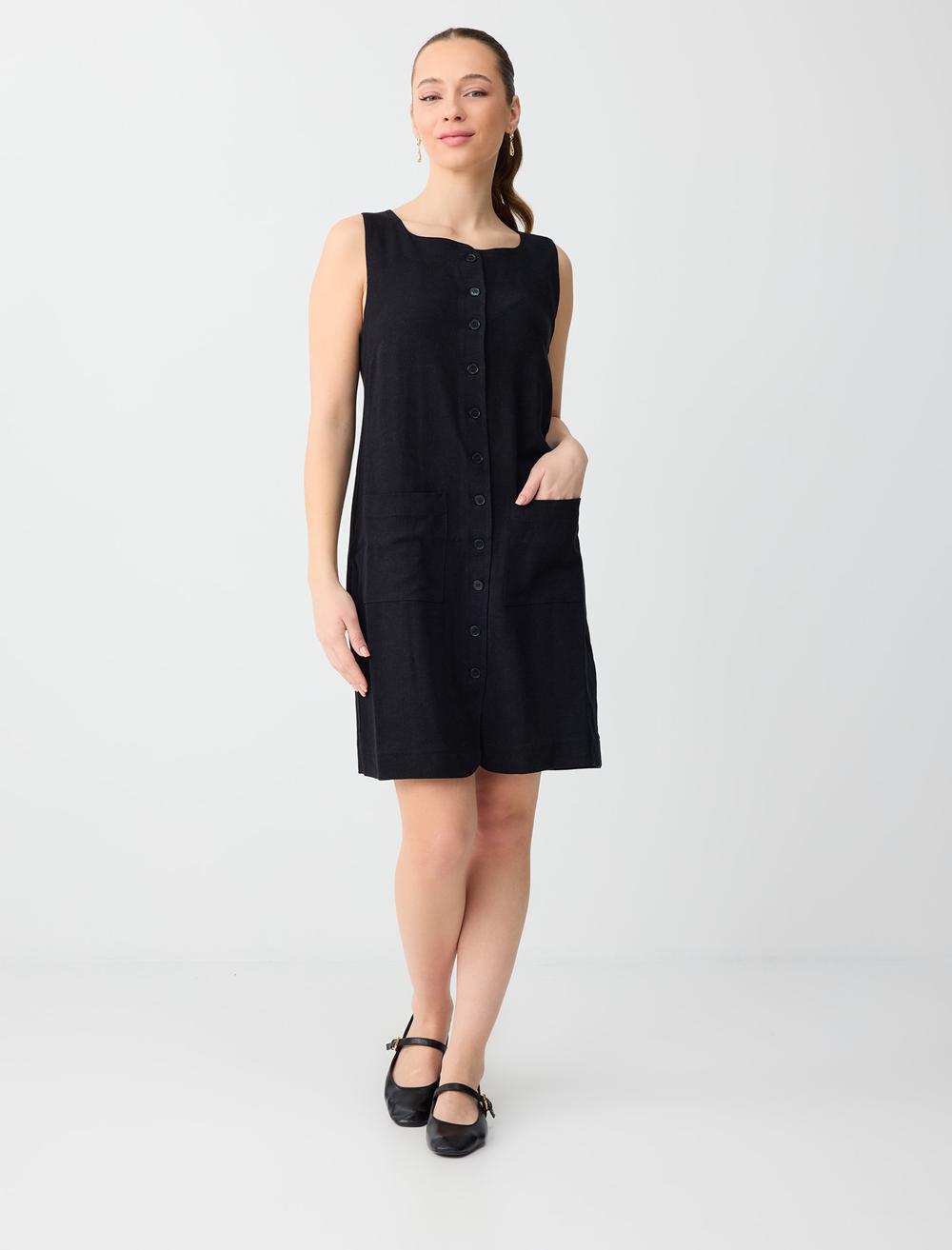 Dar Kesim Kare Yaka Keten Karışımlı Mini Elbise