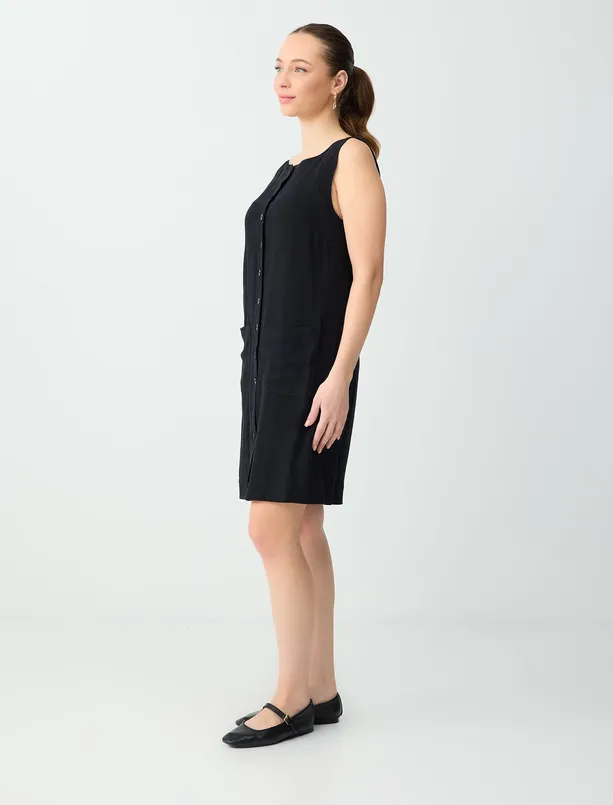 Bayan Siyah Dar Kesim Kare Yaka Keten Karışımlı Mini Elbise