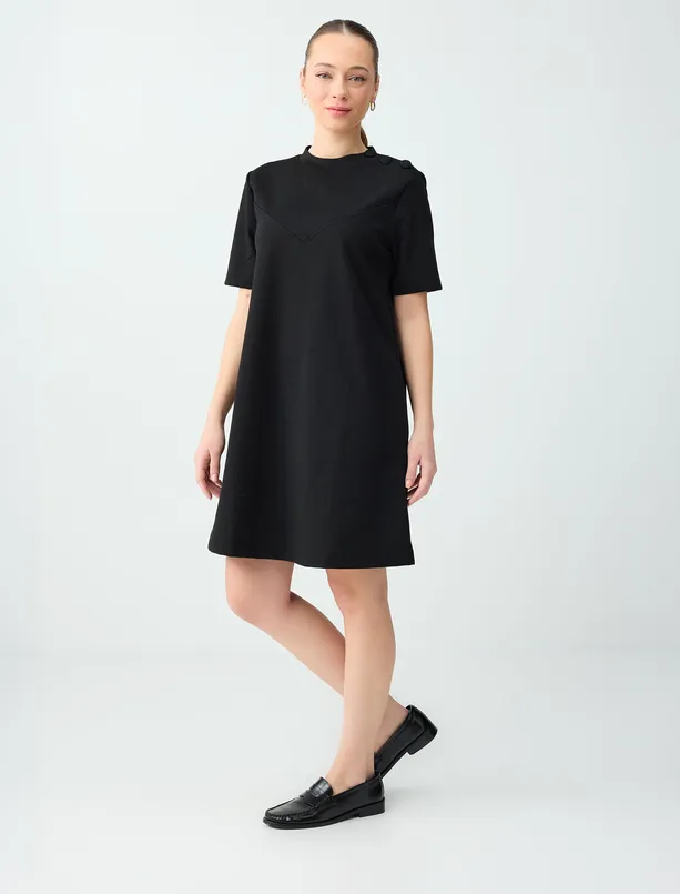 Bayan Siyah Yuvarkak Yaka Kısa Kollu Örme Mini Elbise