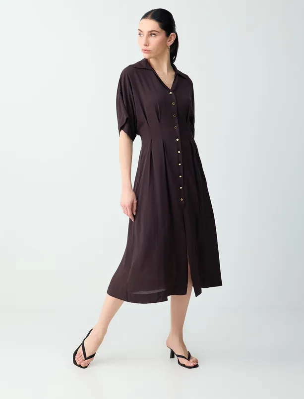 Bayan Kahverengi Dar Kesim Düğme Detaylı Gömlek Yaka Midi Elbise