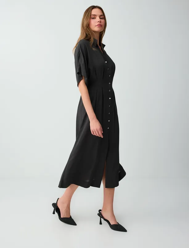 Bayan Antrasit Dar Kesim Düğme Detaylı Gömlek Yaka Midi Elbise