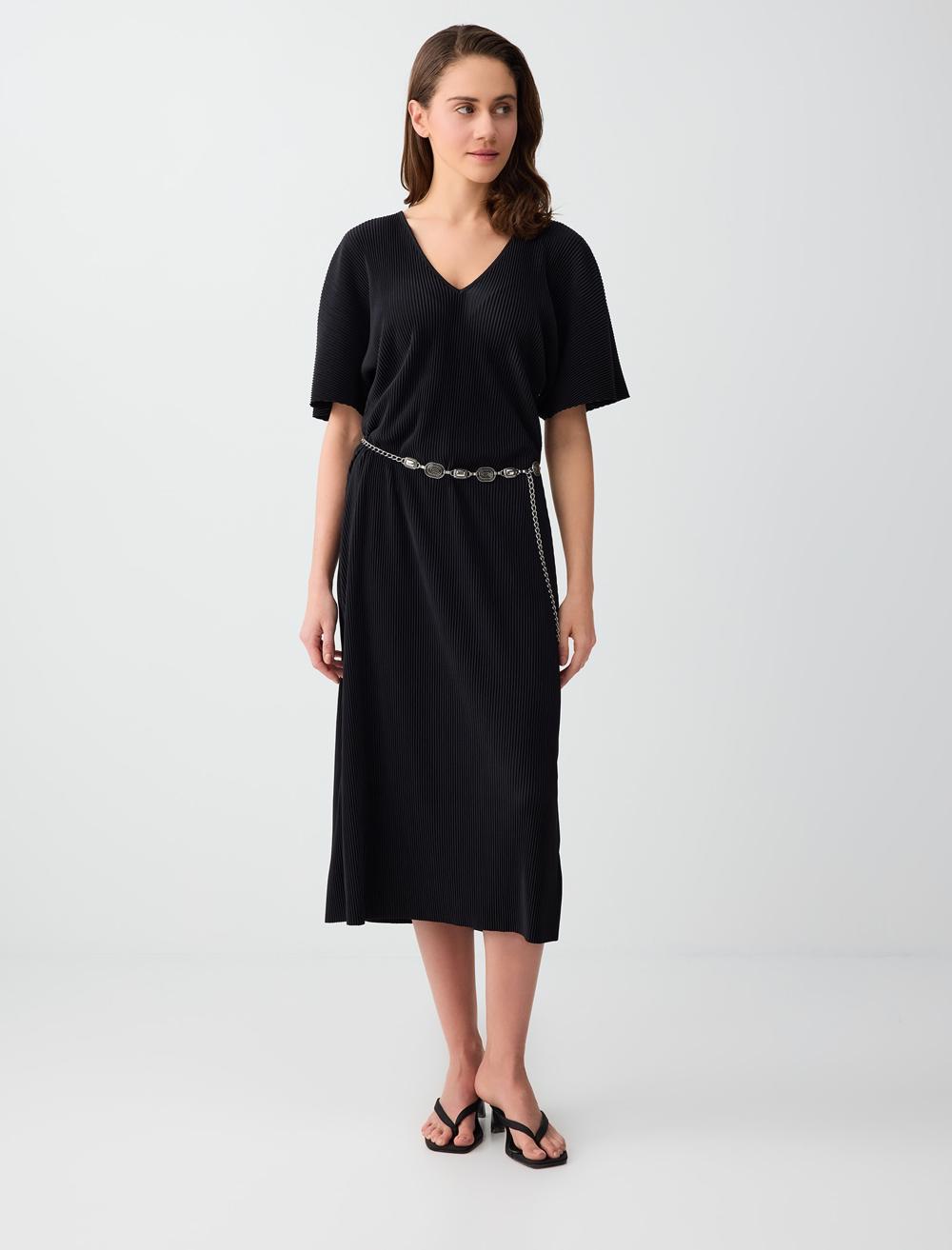 Rahat Kesim Truvakar Kol V Yaka Örme Midi Elbise