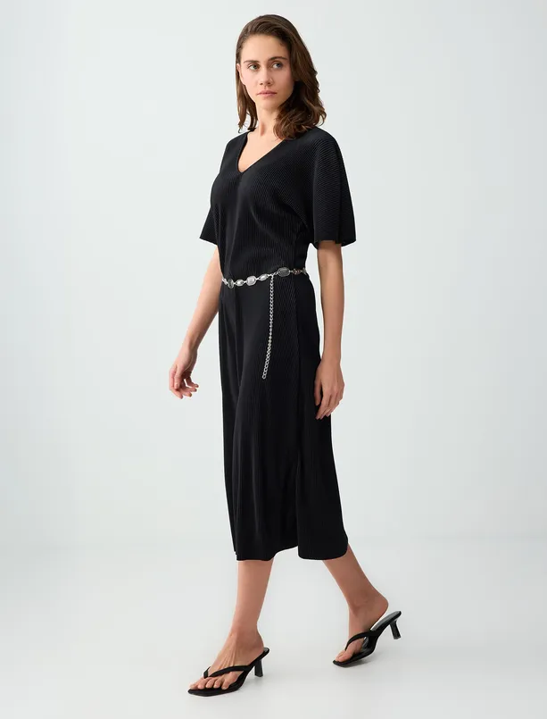 Bayan Siyah Rahat Kesim Truvakar Kol V Yaka Örme Midi Elbise