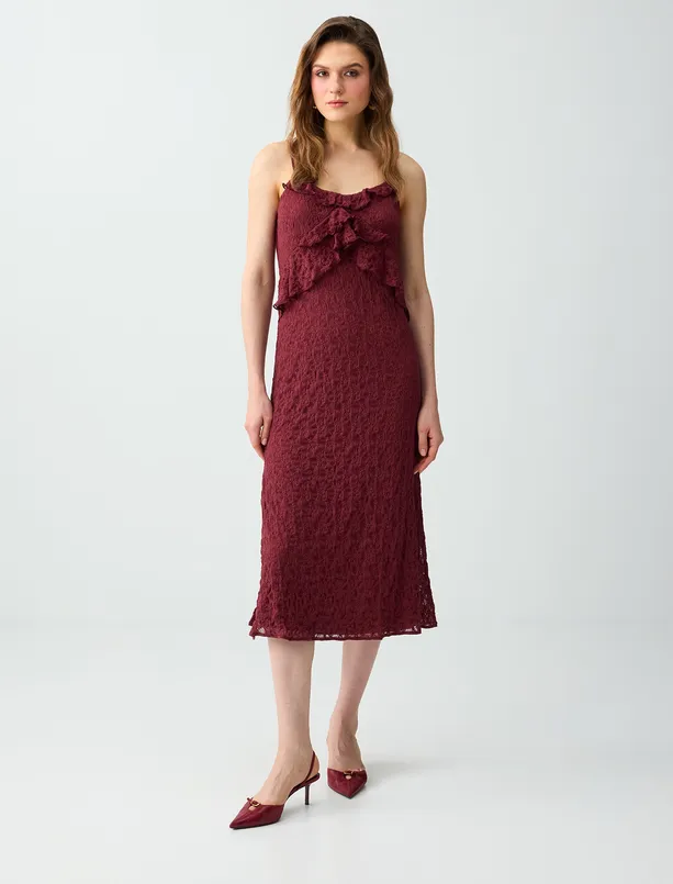 Bayan Bordo Dar Kesim Açık Yaka Dantel Detaylı Midi Elbise