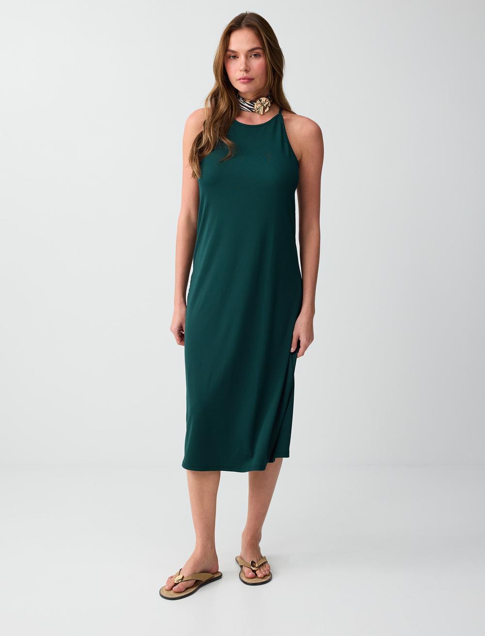 Bisiklet Yaka Kolsuz Bol Kesim Basic Örme Elbise