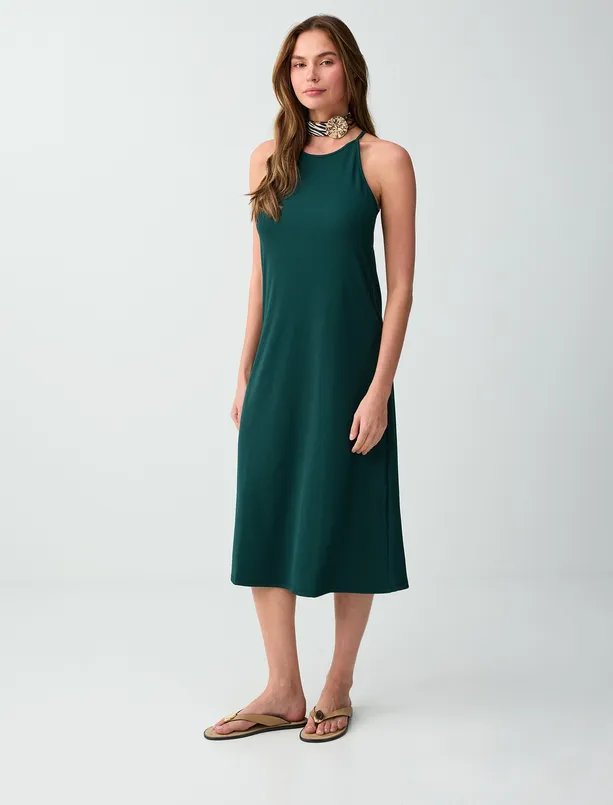 Bayan Koyu Yeşil Bisiklet Yaka Kolsuz Bol Kesim Basic Örme Elbise