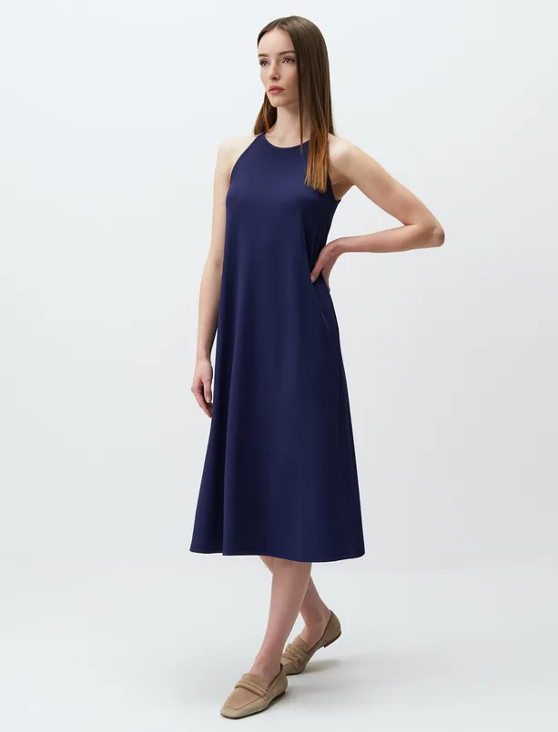 Bayan Lacivert Bisiklet Yaka Kolsuz Bol Kesim Basic Örme Elbise