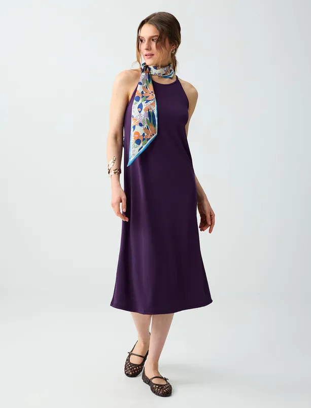 Bayan  Bisiklet Yaka Kolsuz Bol Kesim Basic Örme Elbise