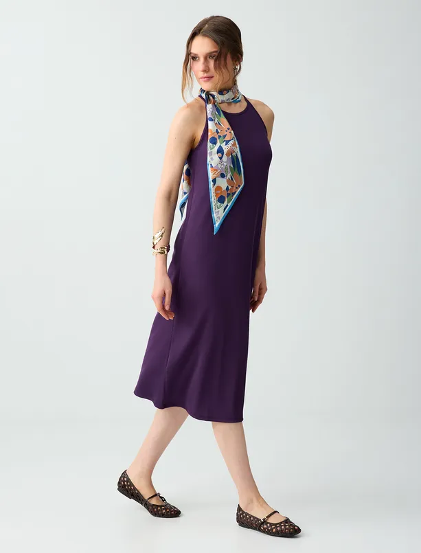 Bayan Mor Bisiklet Yaka Kolsuz Bol Kesim Basic Örme Elbise