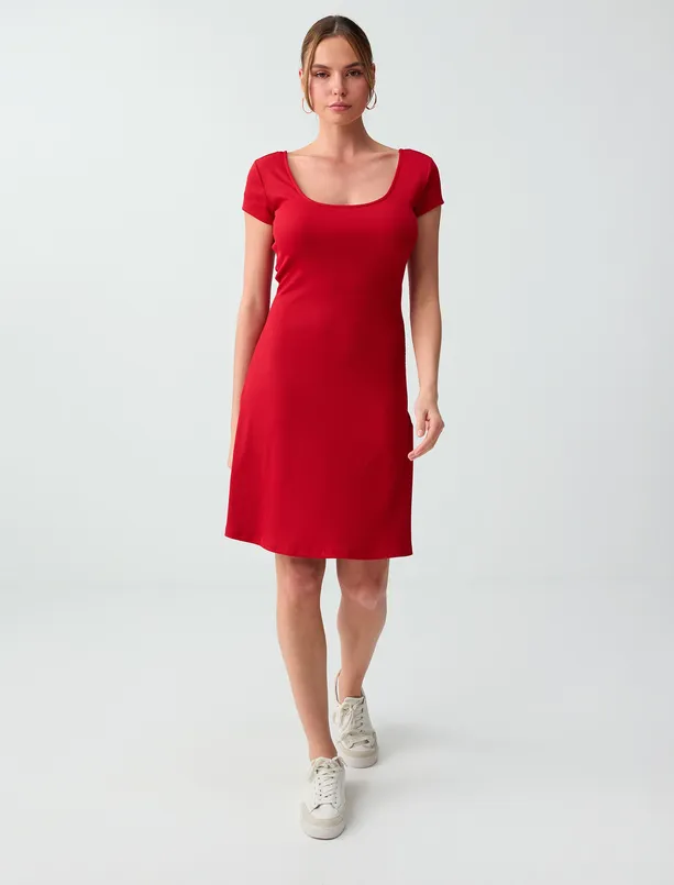 Bayan  Dar Kesim U Yaka Kısa Kollu Örme Mini Elbise