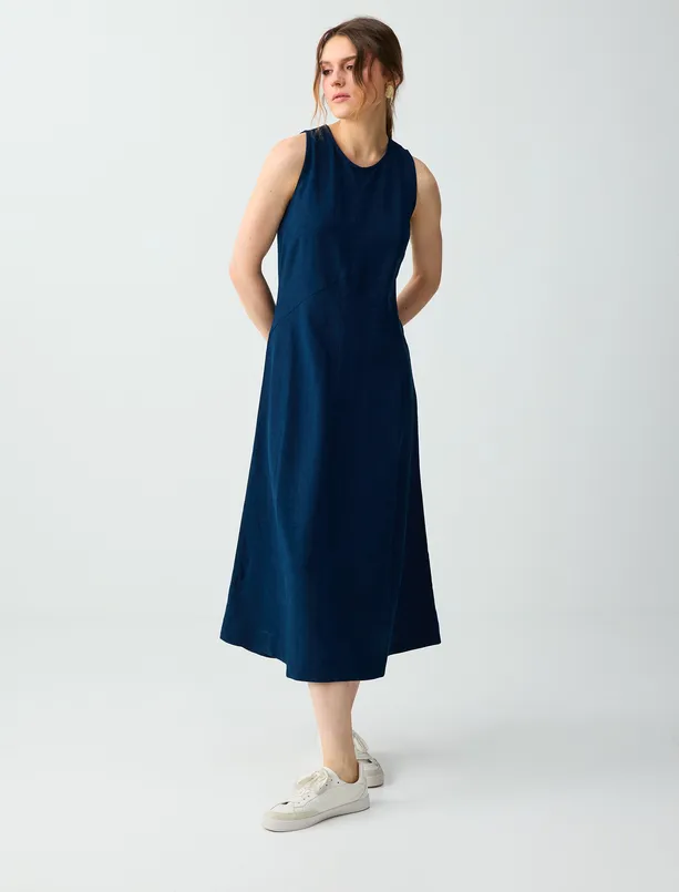 Bayan  Keten Karışımlı Yuvarlak Yaka Kolsuz Midi Elbise