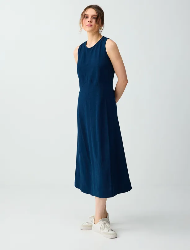 Bayan Lacivert Keten Karışımlı Yuvarlak Yaka Kolsuz Midi Elbise