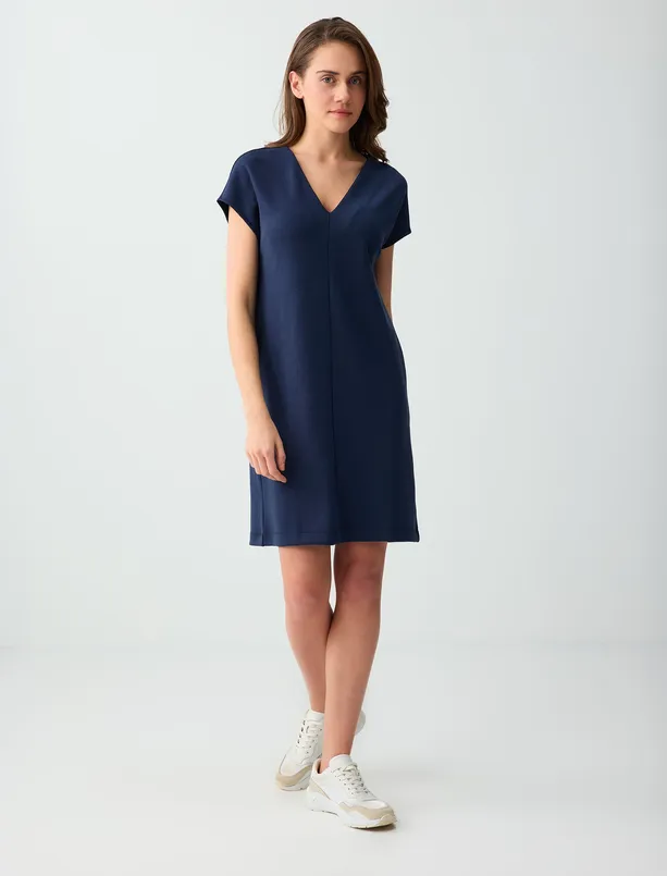 Bayan  Düşük Omuz V Yaka Örme Mini Elbise