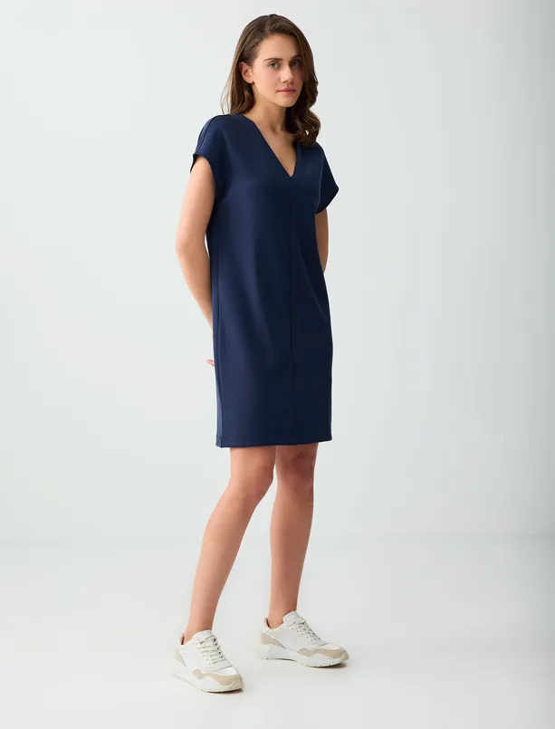 Bayan Lacivert Düşük Omuz V Yaka Örme Mini Elbise