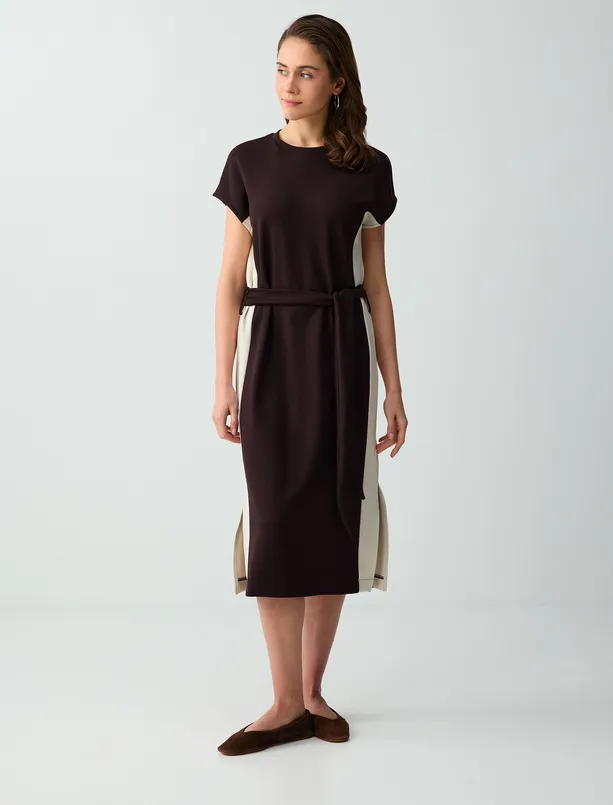 Bayan  Yuvarlak Yaka Düşük Omuz Modal Örme Midi Elbise