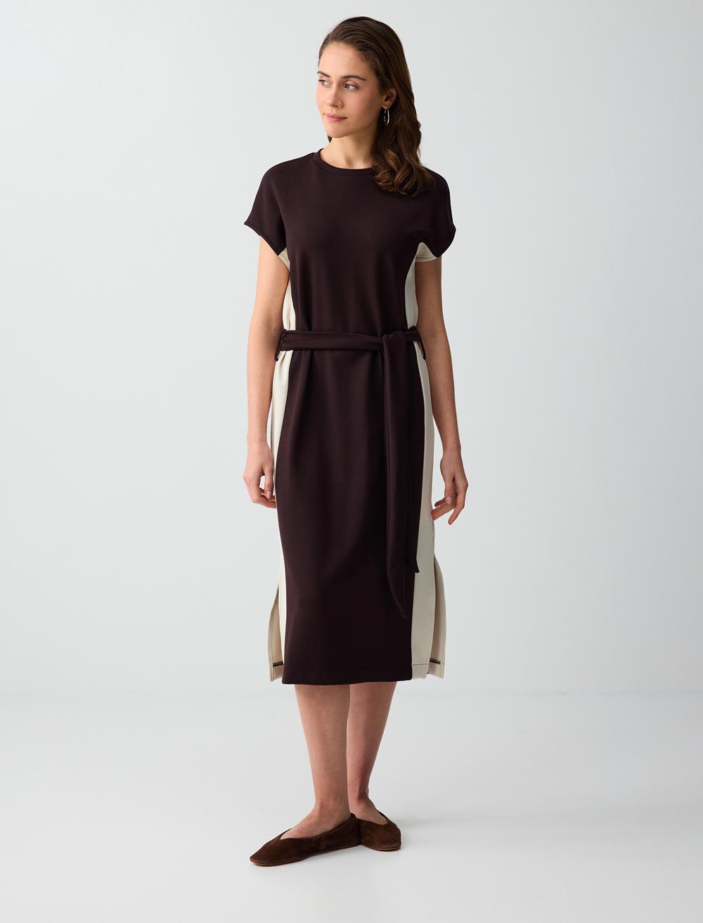 Yuvarlak Yaka Düşük Omuz Modal Örme Midi Elbise