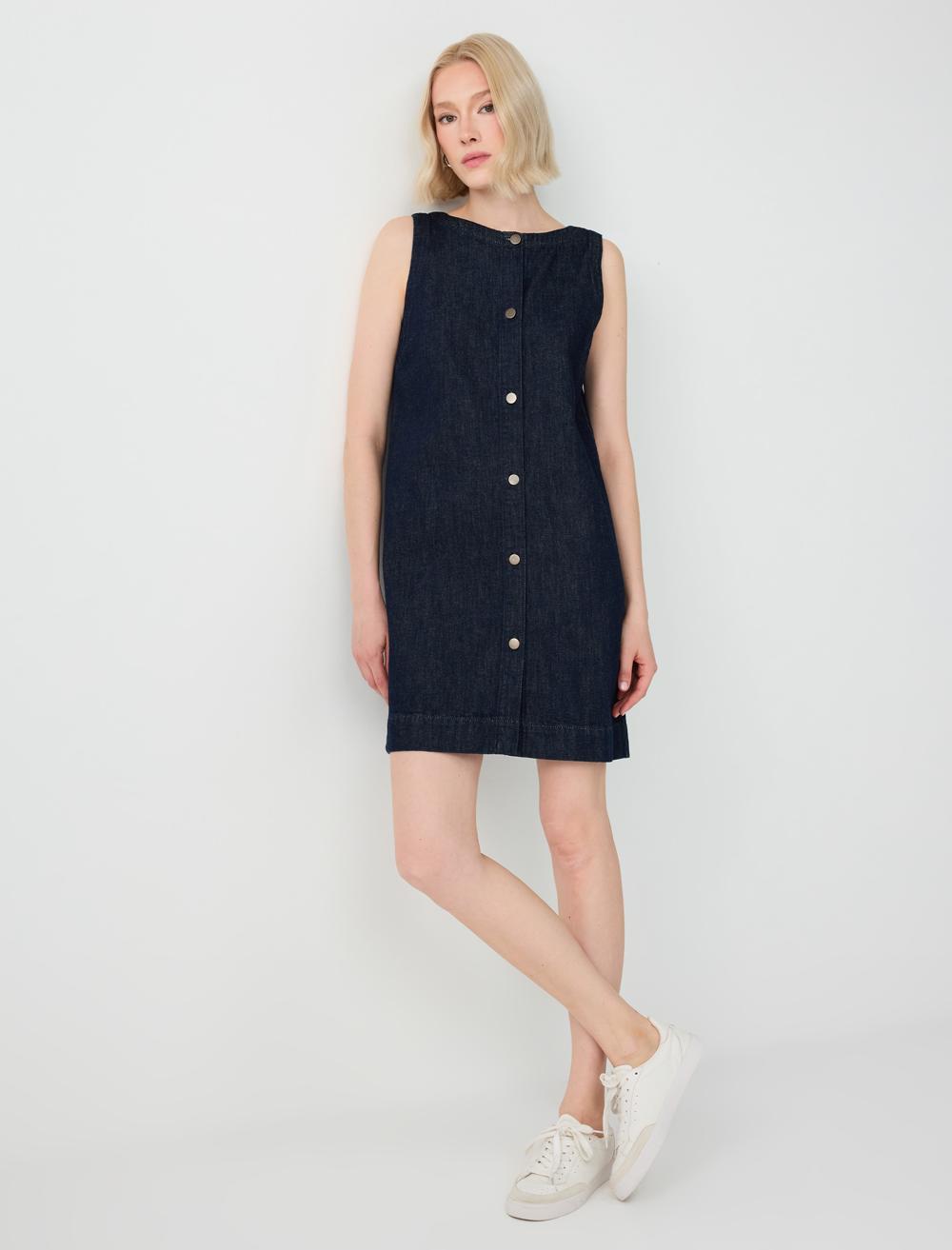 %100 Pamuk Kolsuz Denim Elbise