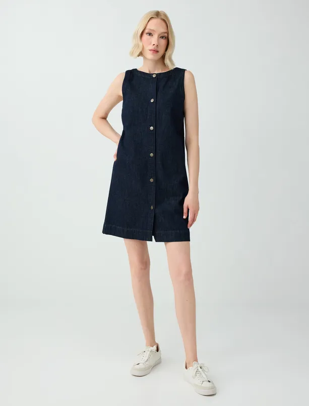 Bayan Mavi %100 Pamuk Kolsuz Denim Elbise