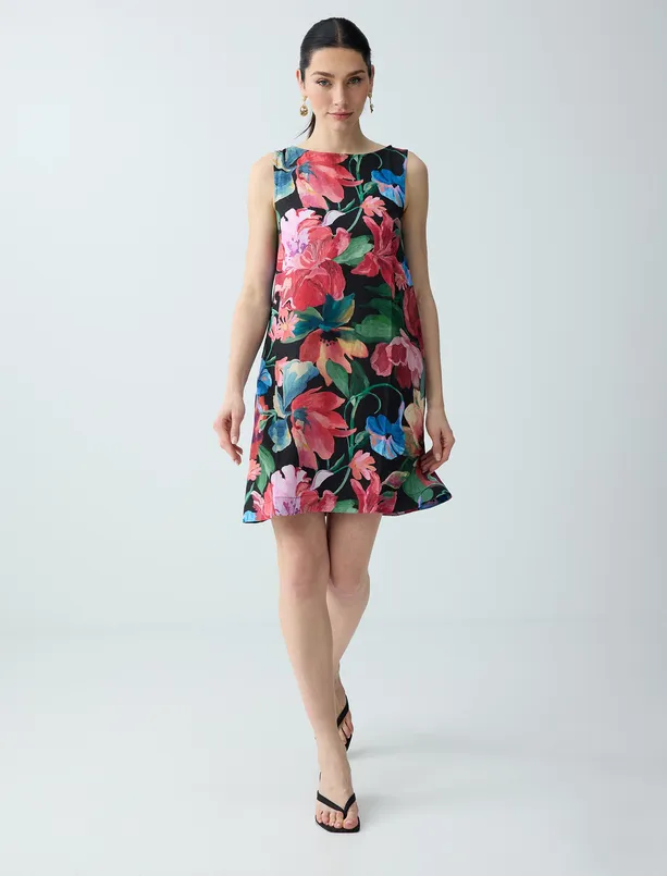 Bayan  Keten Karışımlı Çiçek Desenli Kayık Yaka Mini Elbise