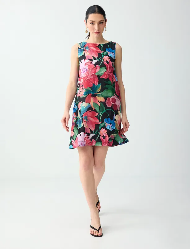 Bayan  Keten Karışımlı Çiçek Desenli Kayık Yaka Mini Elbise