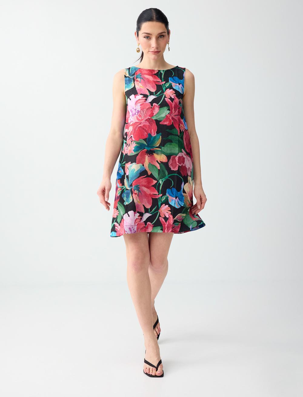 Keten Karışımlı Çiçek Desenli Kayık Yaka Mini Elbise