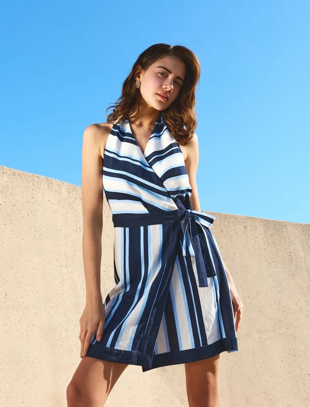Women  Linen Blend V-Neck Tie-Down Dress