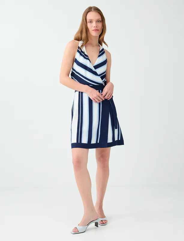 Bayan  Keten Karışımlı V Yaka Bağlama Detaylı Elbise
