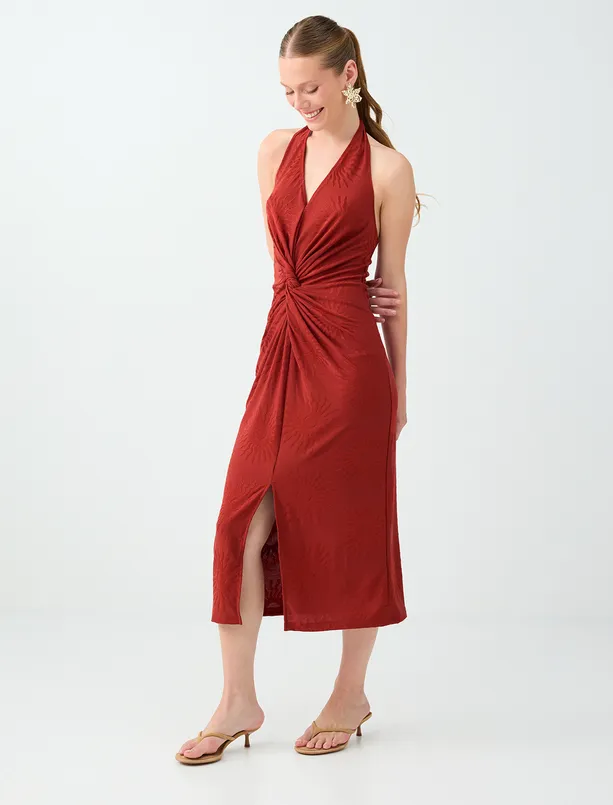 Women Red V-Neck, Knot-Detail, Patterned Midi Dress