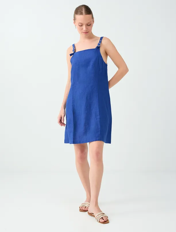 Women Blue 100% Linen Dress with a Crew Neck and Strap Details