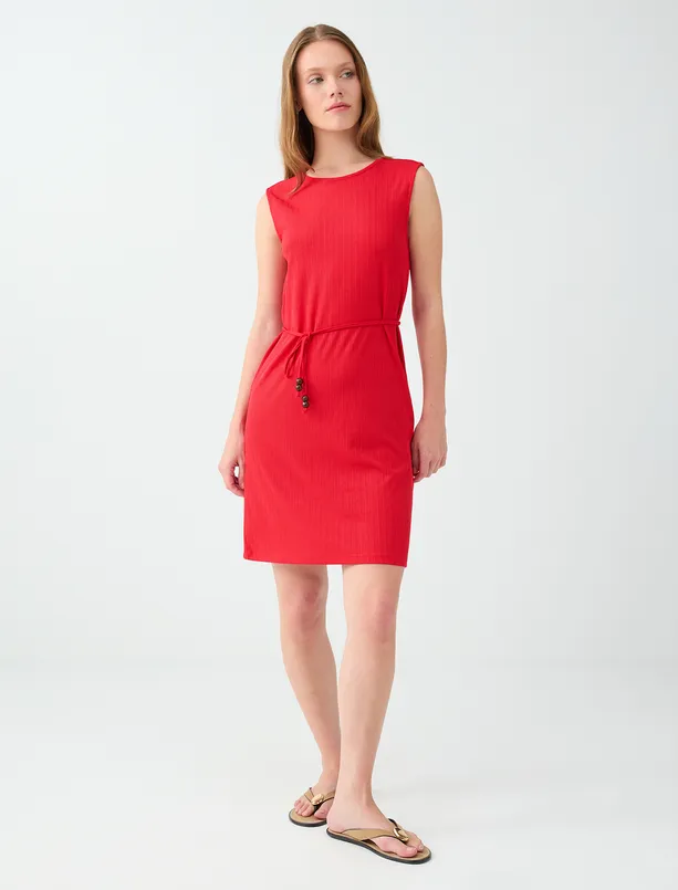 Women Red Round-Neck, Waist-Tied Crepe Dress