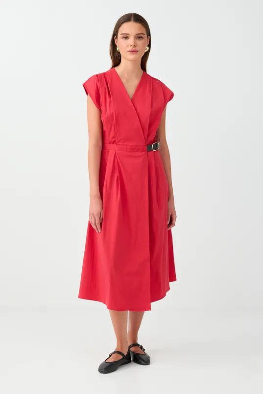 Women  Midi Poplin Dress with a Wrap Neckline and Belt Detail