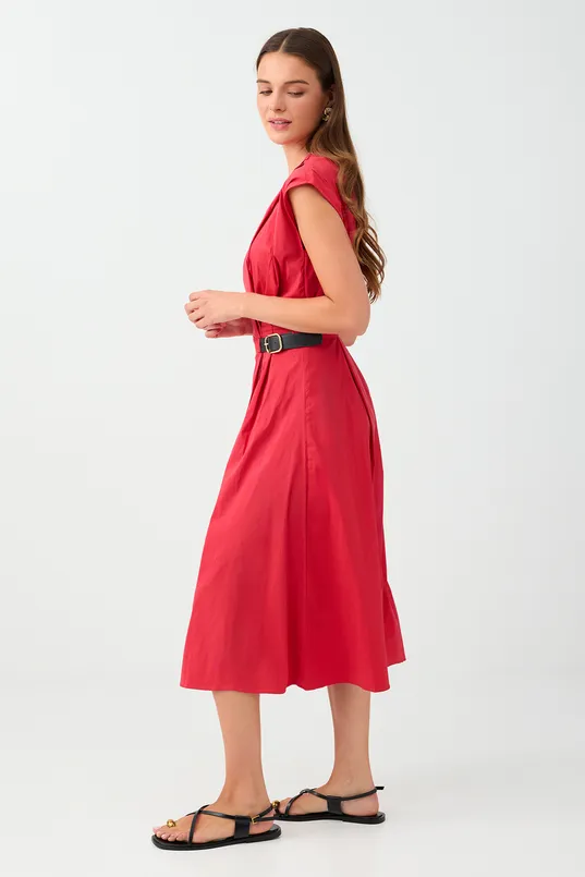 Women Red Midi Poplin Dress with a Wrap Neckline and Belt Detail