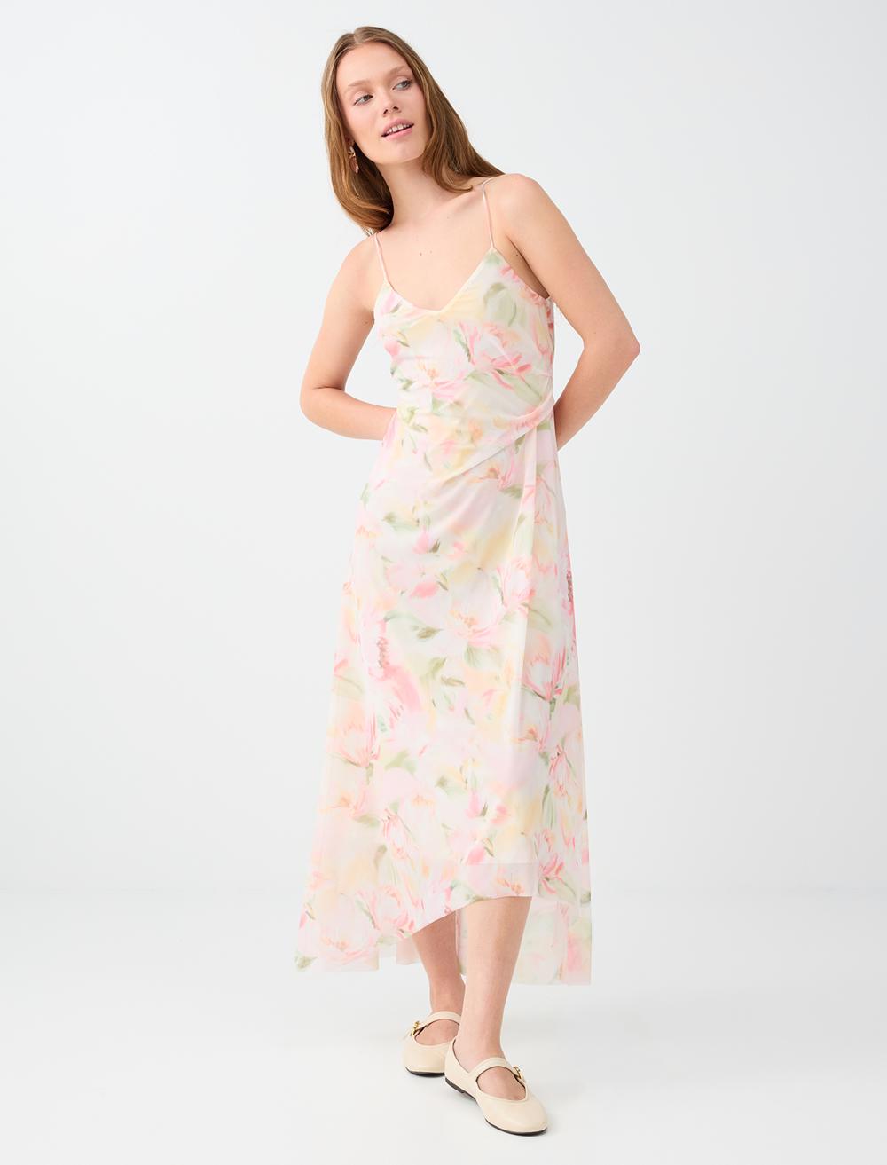 Floral Desenli V Yaka Askılı Midi Elbise