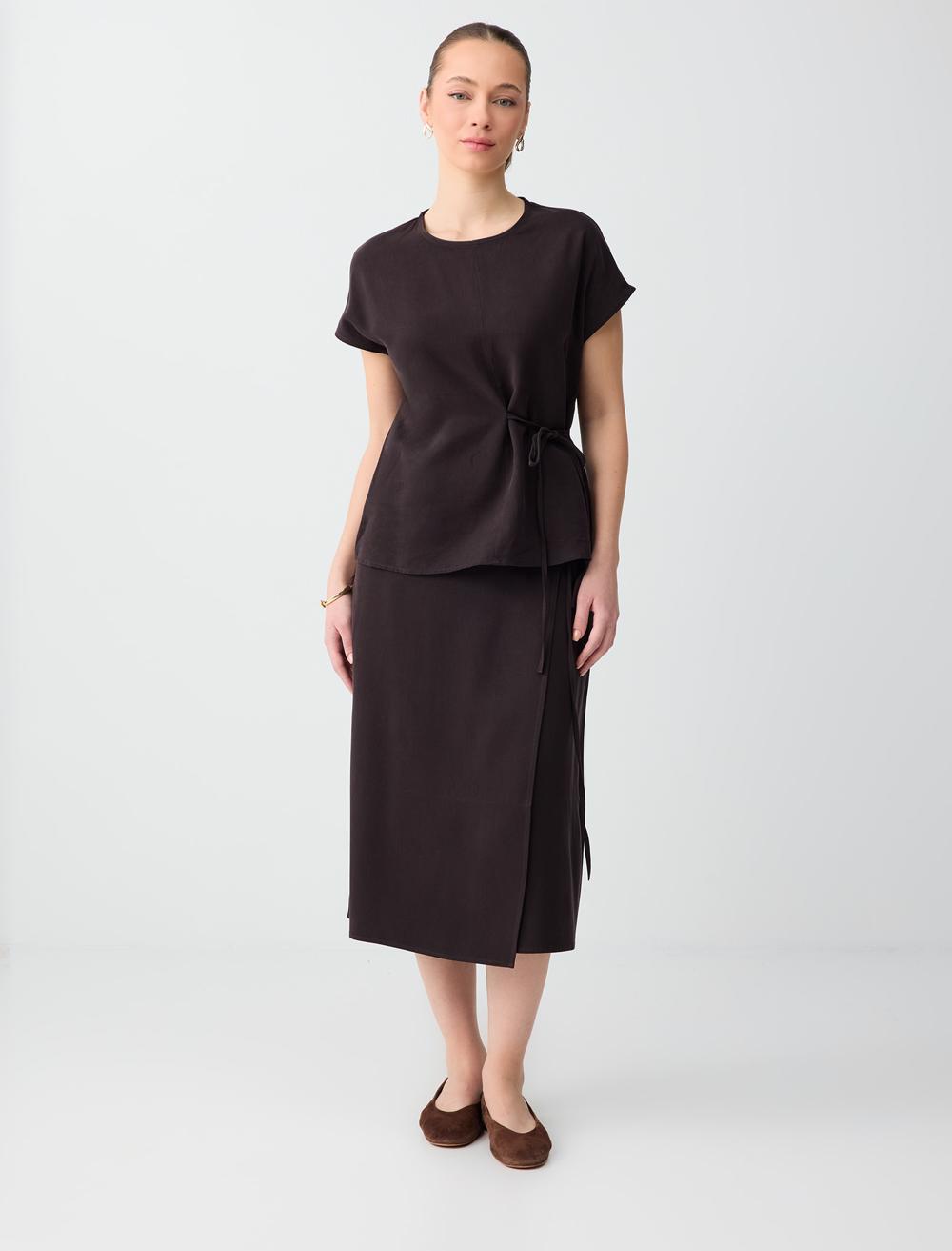 Rahat Kesim Beli Bağcıklı Dokuma Etek