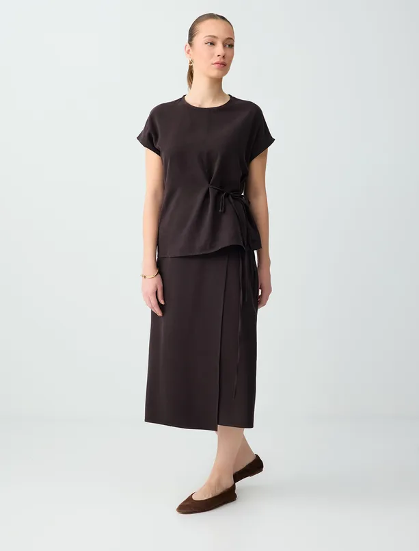 Bayan Kahverengi Rahat Kesim Beli Bağcıklı Dokuma Etek