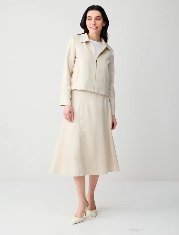 Bayan Bej Rahat Kesim Normal Bel Beli Fermuarlı Midi Etek