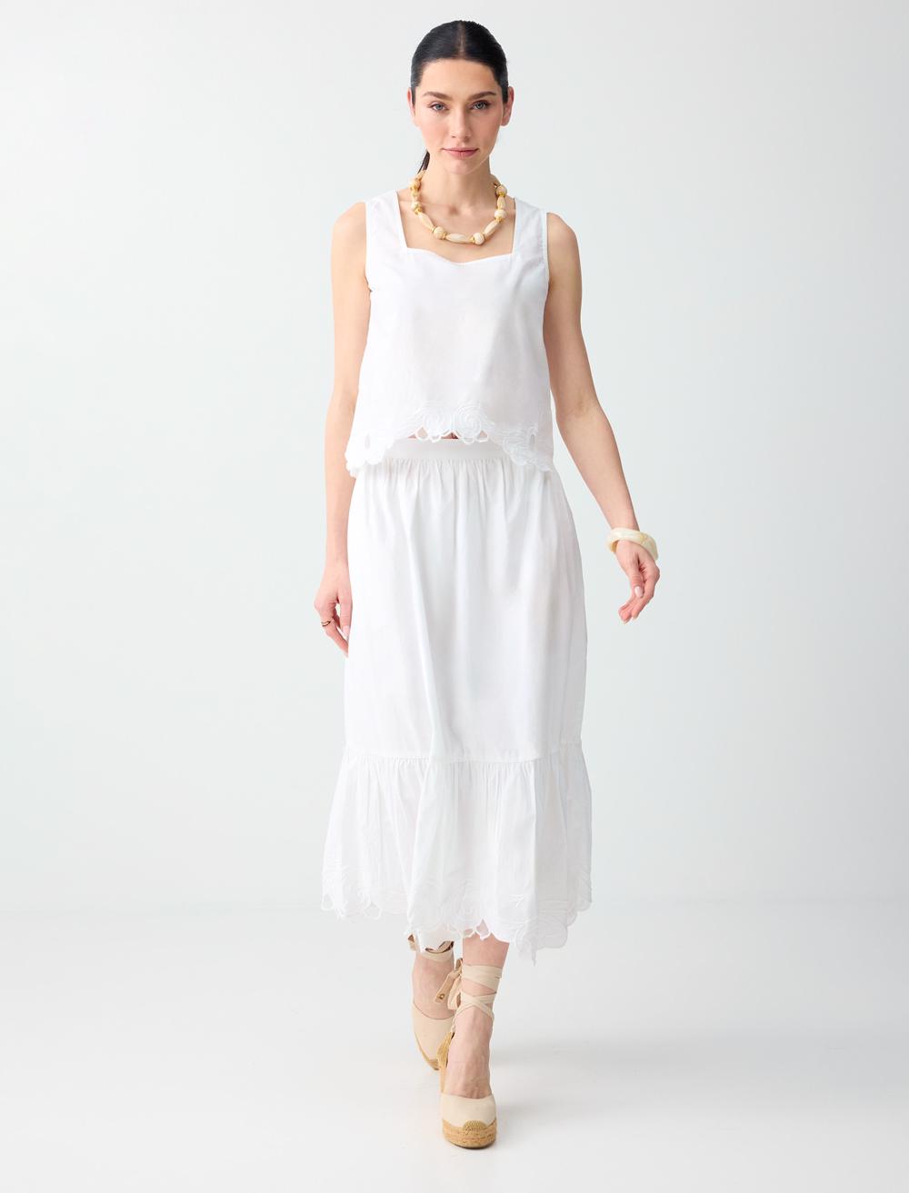 %100 Pamuk Rahat Kesim Normal Bel Midi Etek