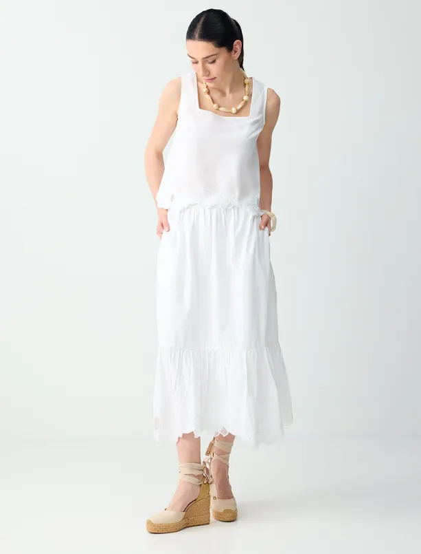 Bayan Beyaz %100 Pamuk Rahat Kesim Normal Bel Midi Etek