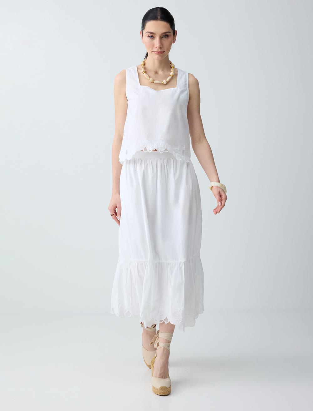 %100 Pamuk Rahat Kesim Normal Bel Midi Etek