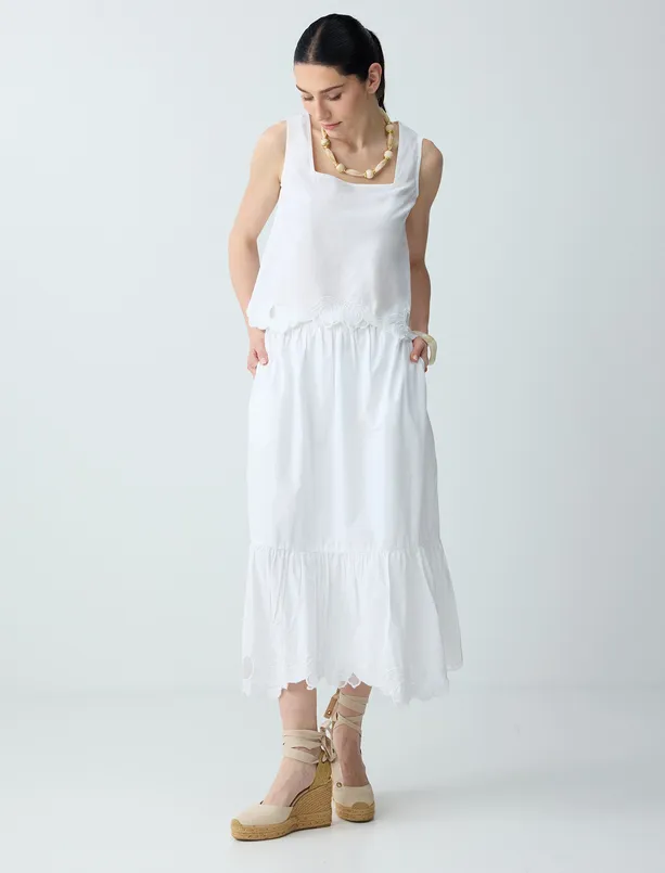 Bayan Beyaz %100 Pamuk Rahat Kesim Normal Bel Midi Etek