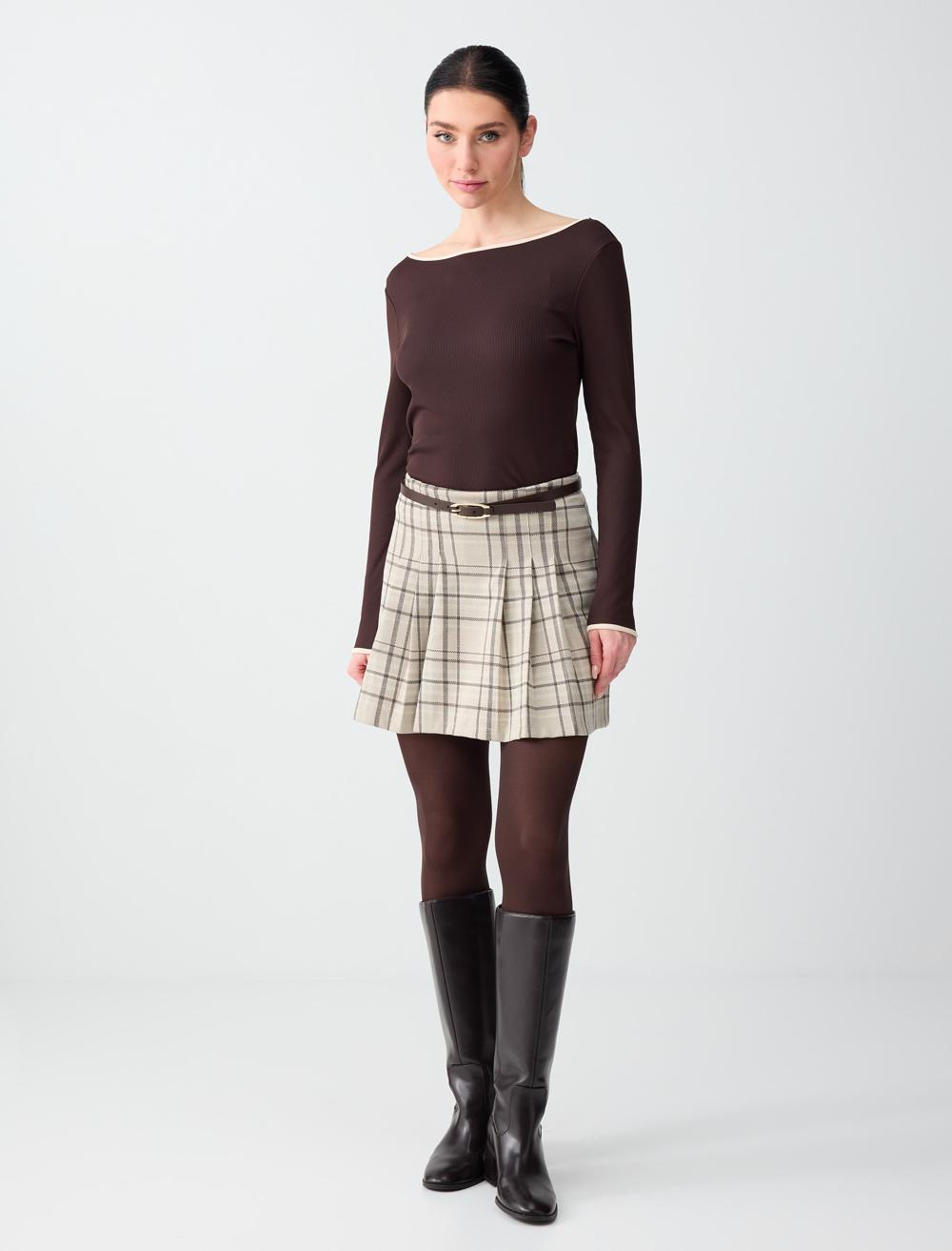 Yüksek Bel Ekose Desenli Mini Örme Şort Etek