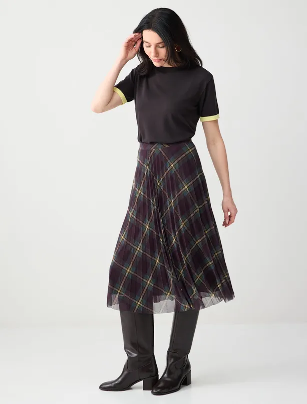 Bayan Kahverengi Düşük Bel Rahat Kesim Desenli Mesh Örme Midi Etek