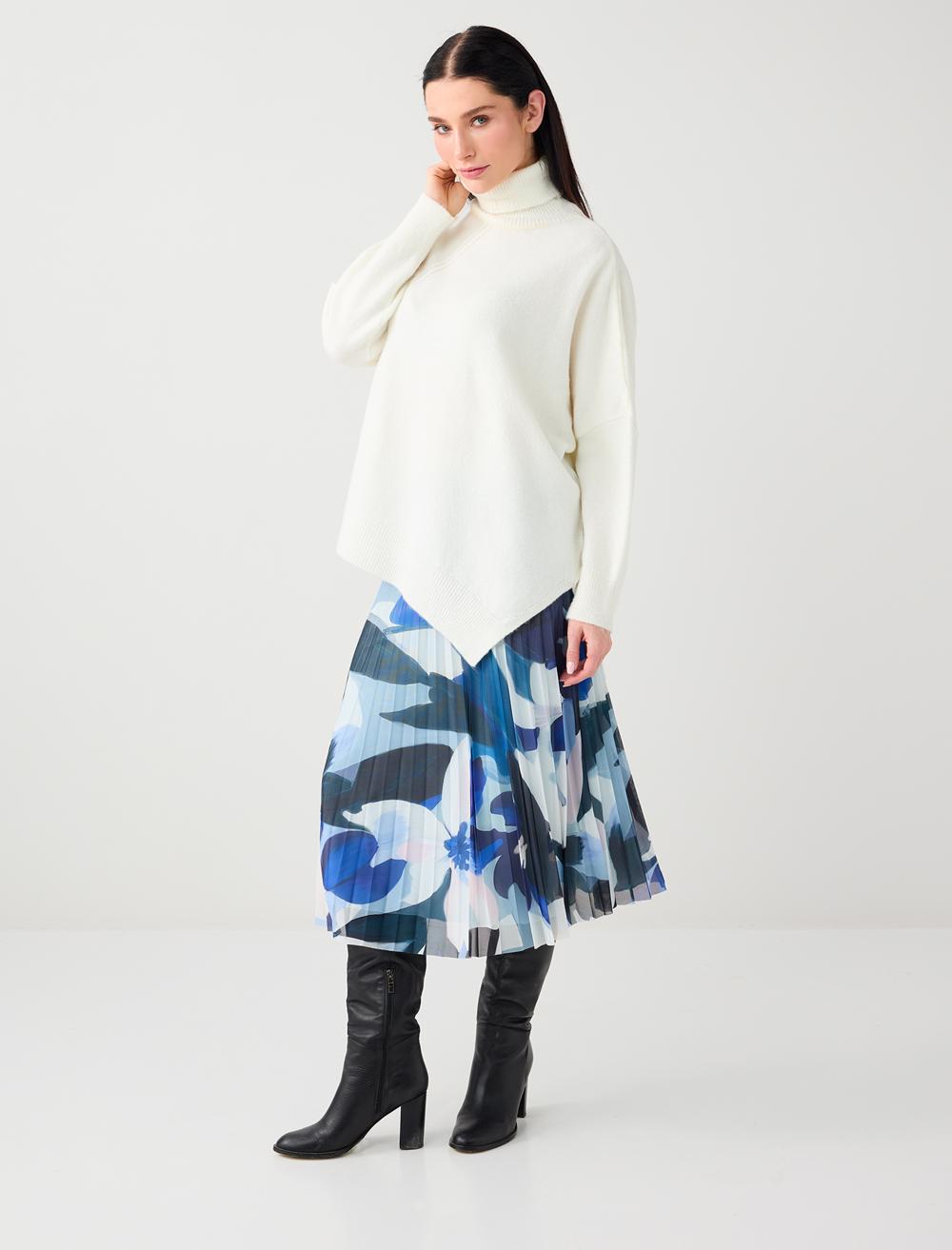 Düşük Bel Rahat Kesim Desenli Mesh Örme Midi Etek