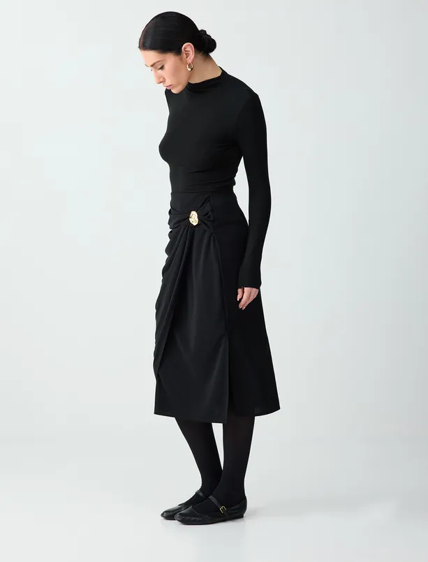 Bayan Siyah Metal Detaylı Yüksek Bel Örme Midi Etek