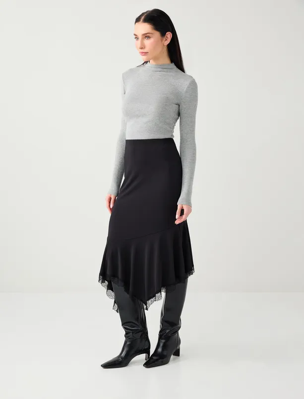 Bayan Siyah Normal Bel Düz Kesim Dantel Detaylı Örme Midi Etek