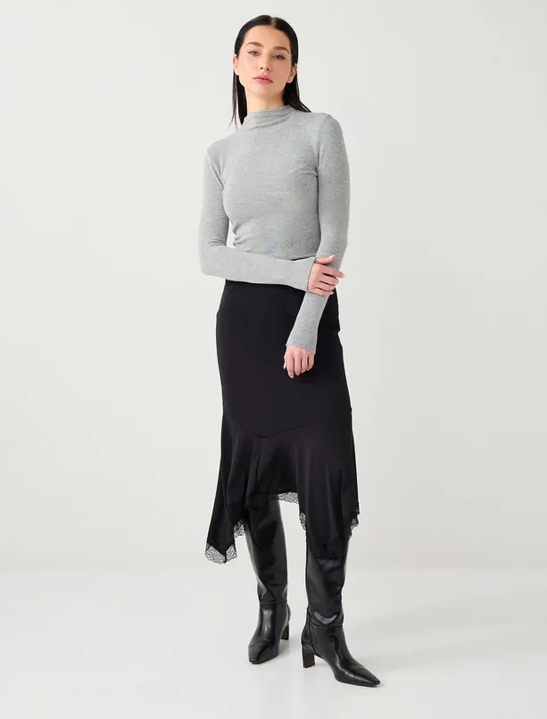 Bayan  Normal Bel Düz Kesim Dantel Detaylı Örme Midi Etek