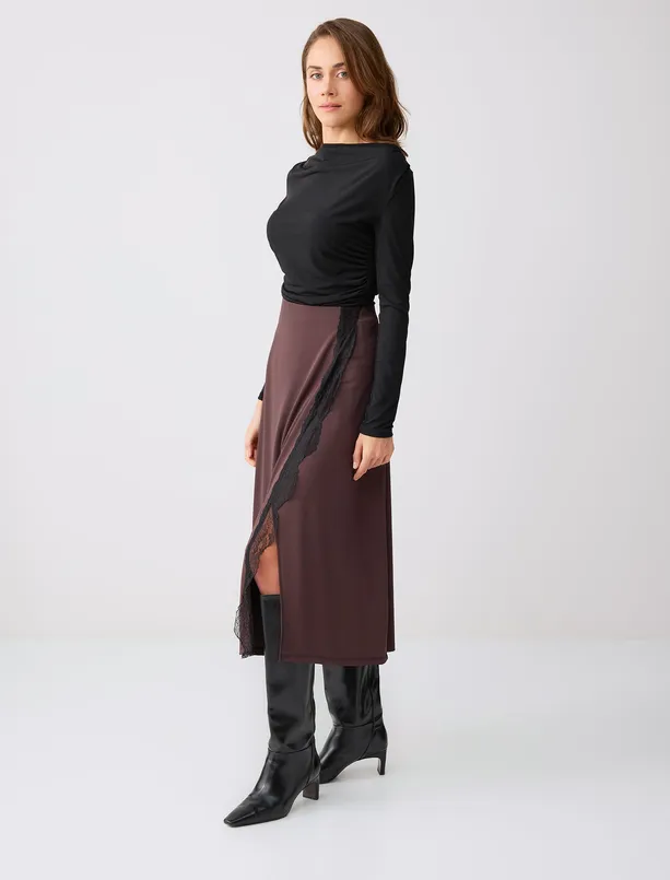 Bayan Kahverengi Rahat Kesim Normal Bel Yırtmaçlı Midi Örme Etek